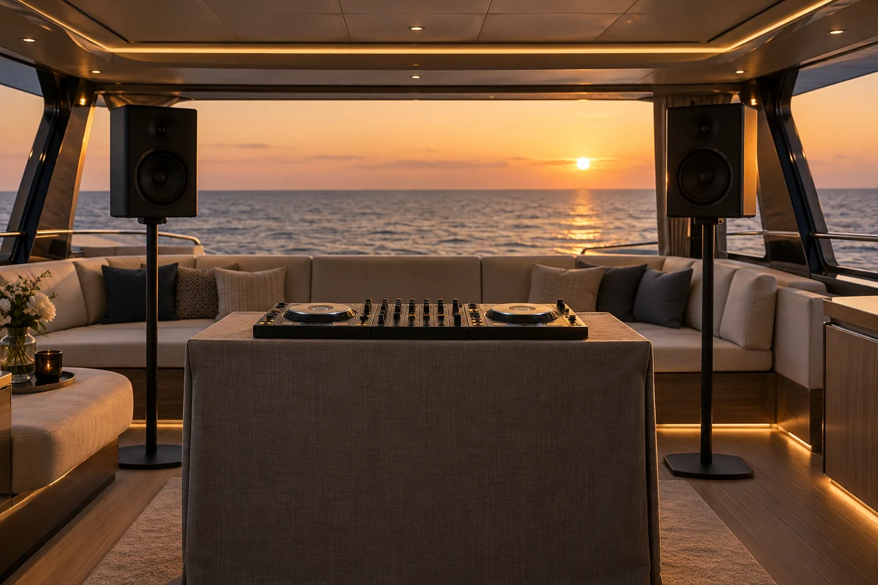 DJ equipment set up inside a yacht lounge