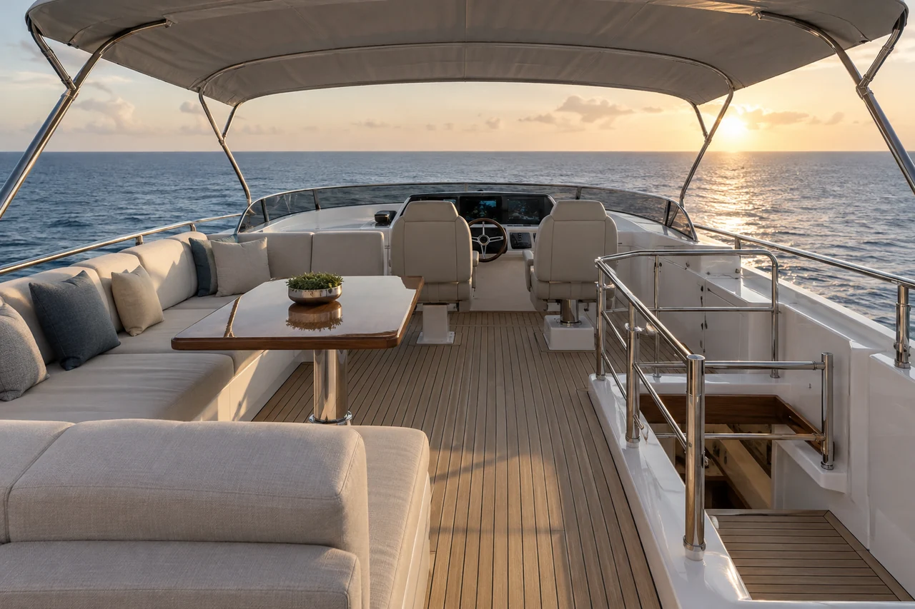 Raised flybridge with a helm, seating and bimini shade