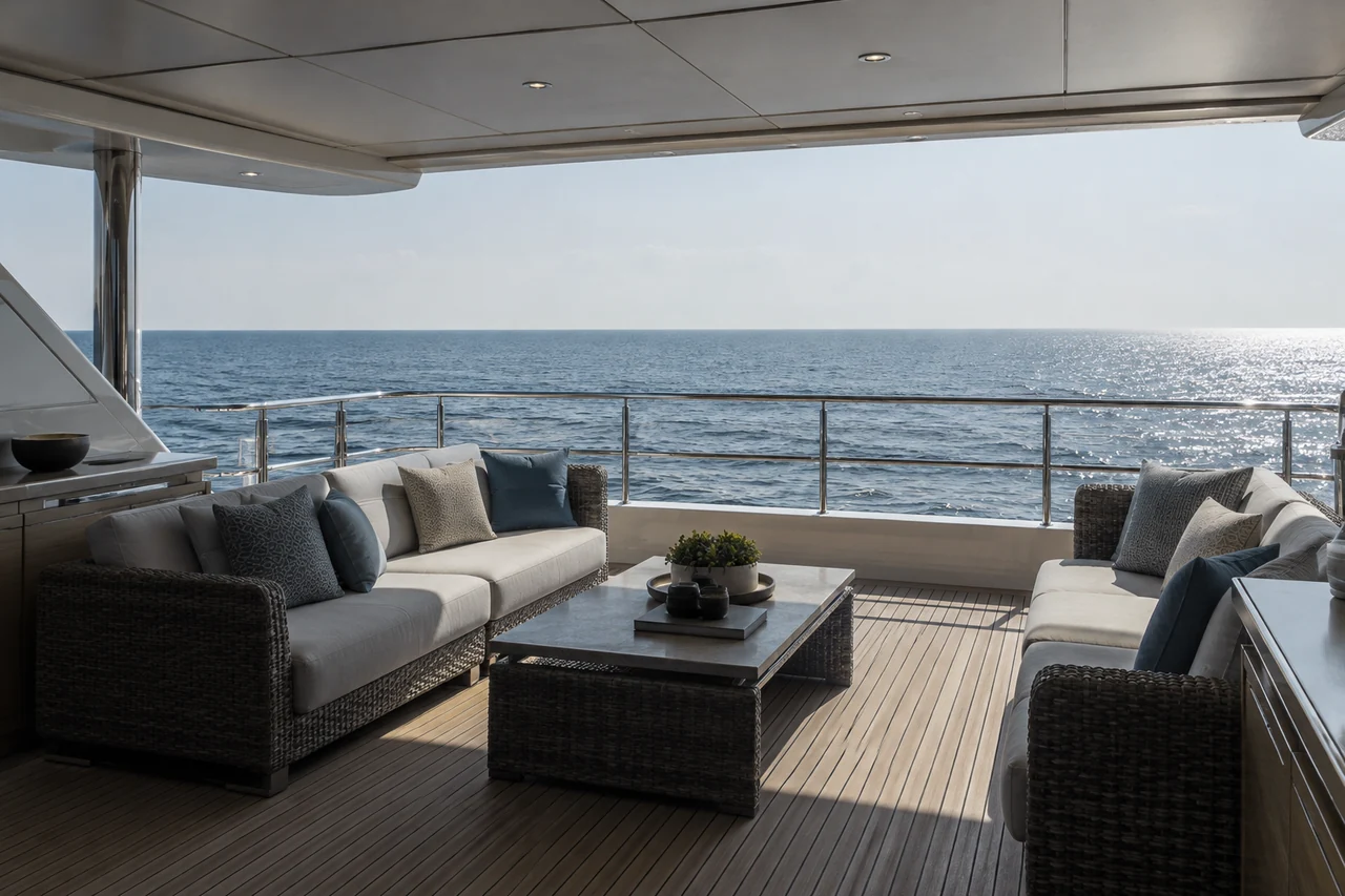 A covered yacht deck with lounge seating out of direct sun