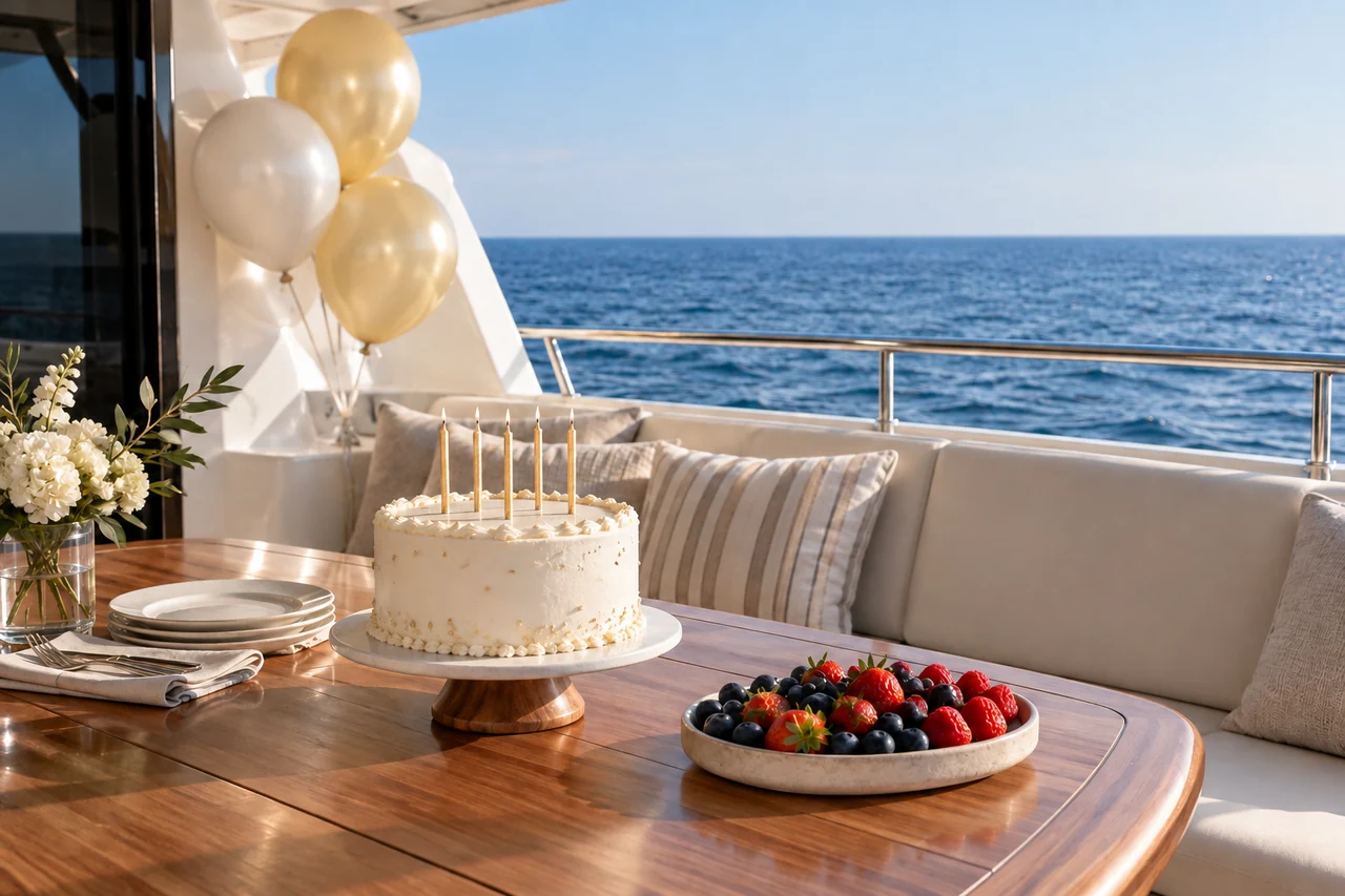 Birthday cake, berries and balloons on a yacht deck
