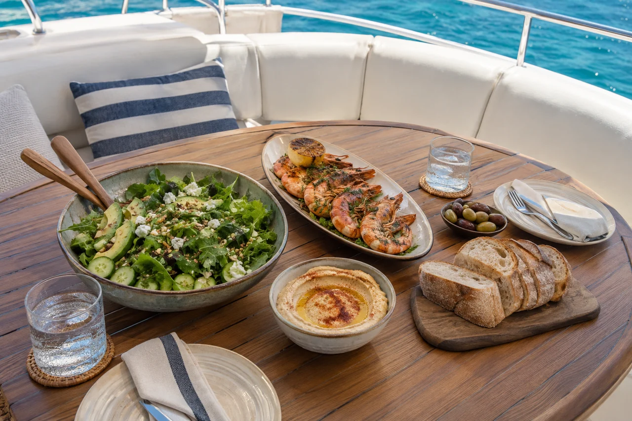 Fresh salad, prawns and bread on a yacht lunch table