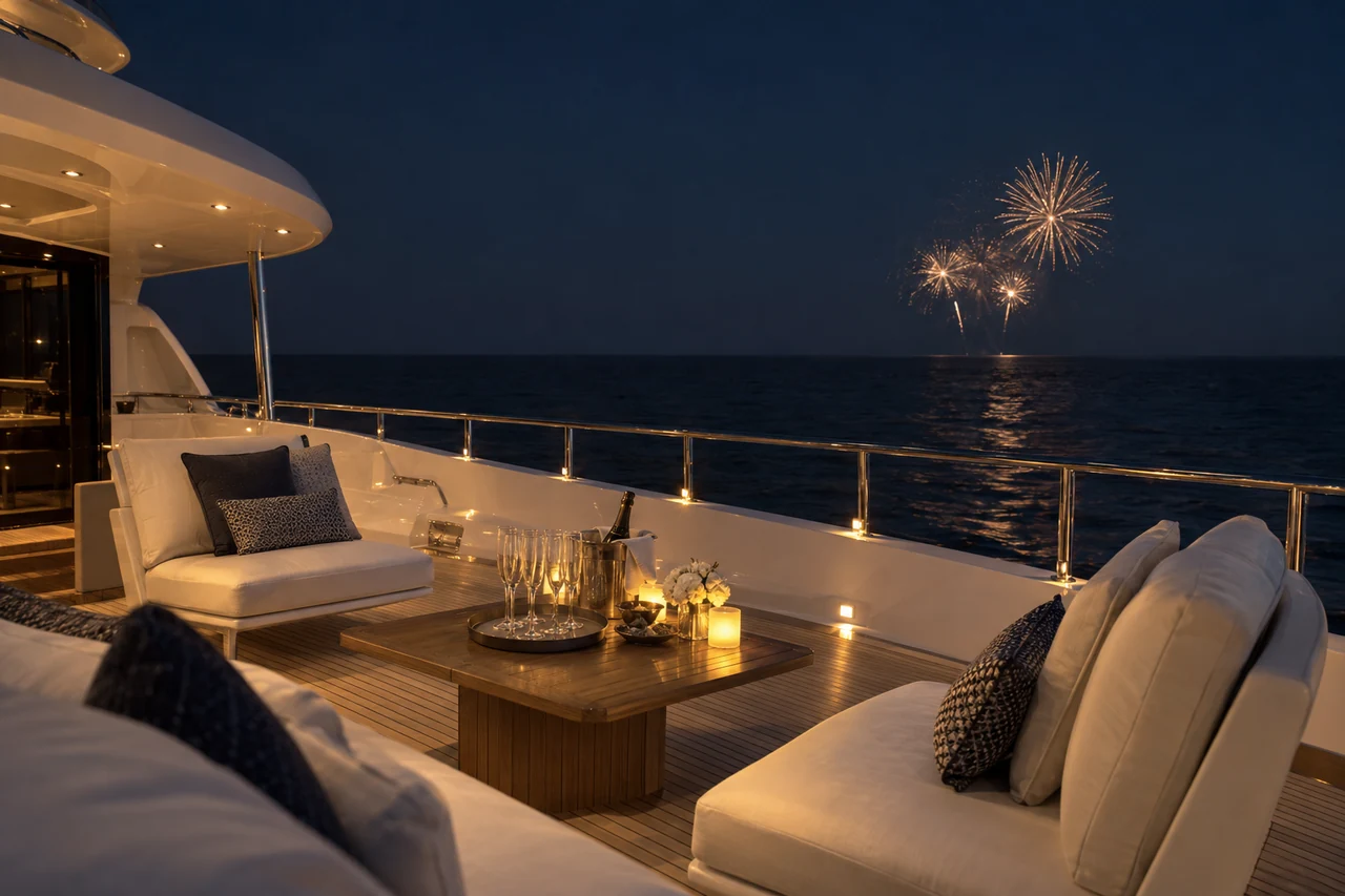 Yacht lounge with distant fireworks over the sea