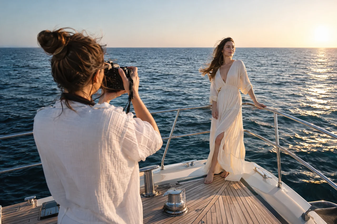 A photographer taking a portrait on a yacht bow