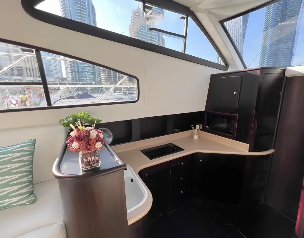 Compact galley beside the salon aboard Elite Majesty 48