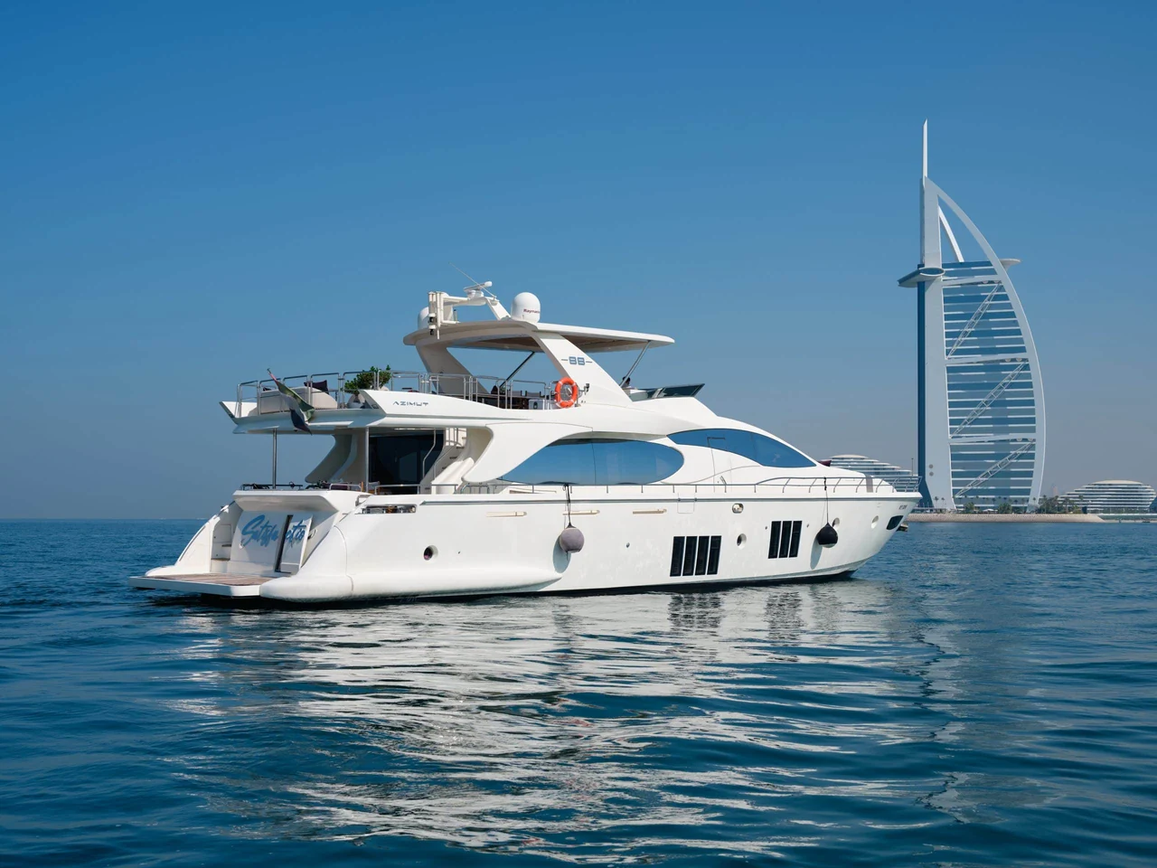 Side view of Azimut 88 near Burj Al Arab