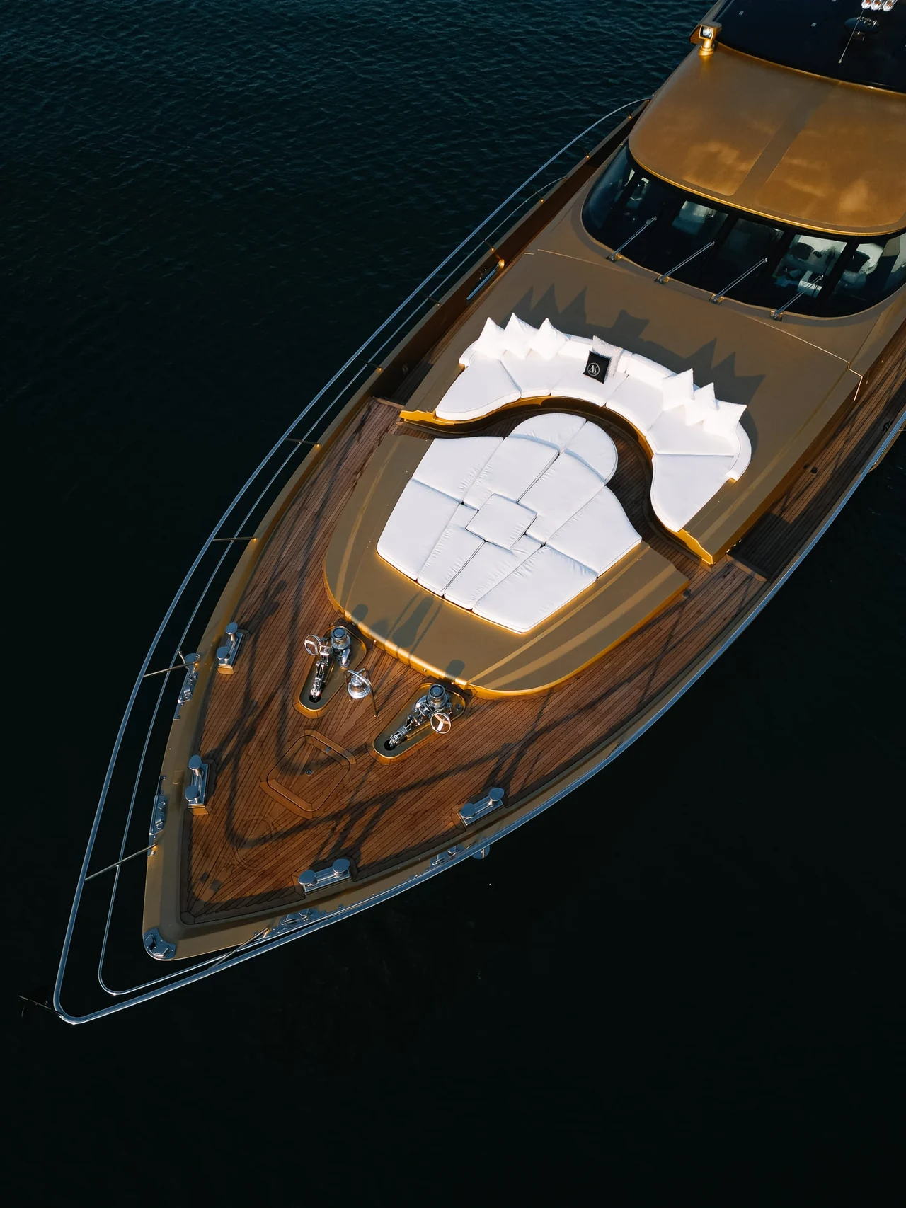 Overhead view of the foredeck lounge on Royalty 136