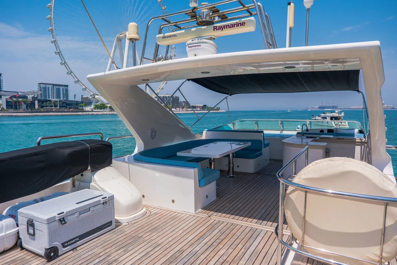 Flybridge bar, seating and covered helm on Cabo 77