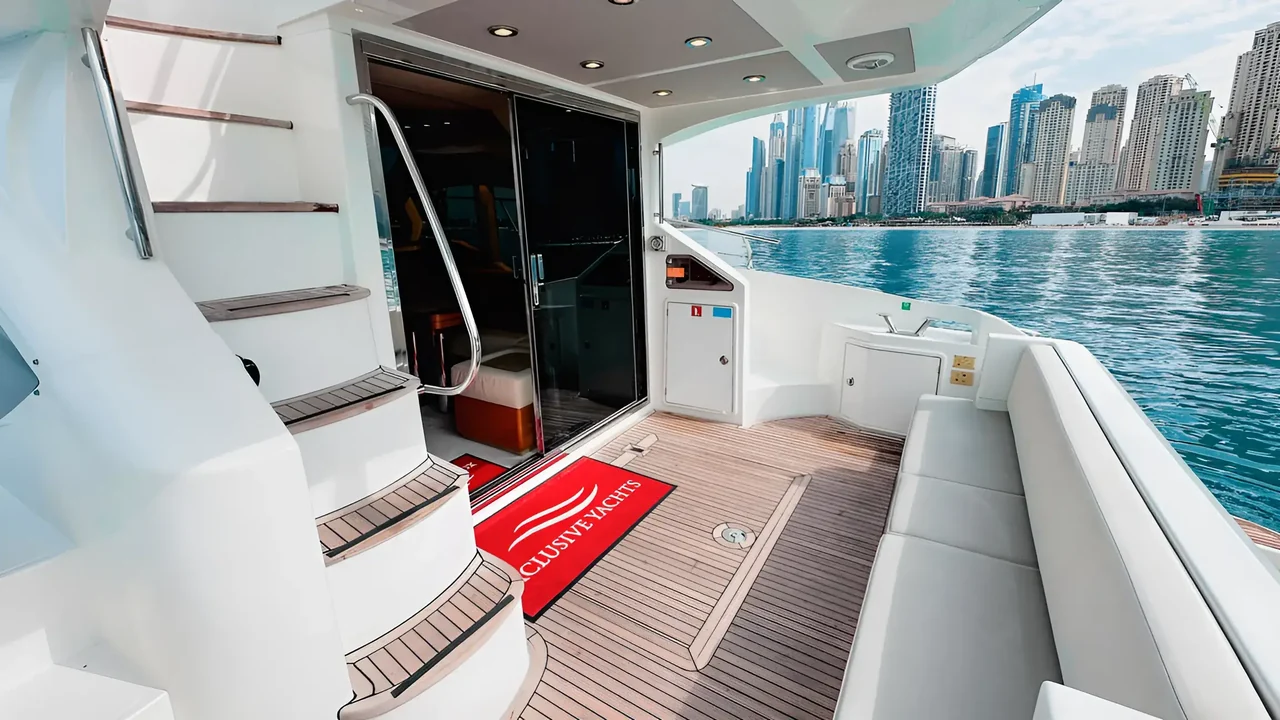 Teak aft deck and cabin entrance on Xclusive 33