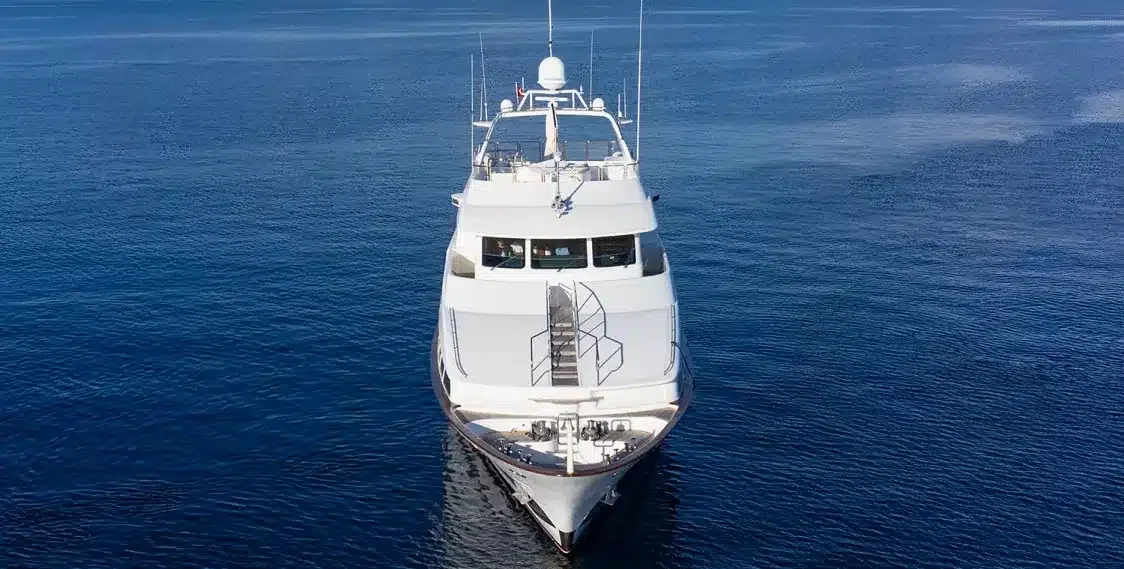 Bow-on aerial view of Royal Mirage on open water