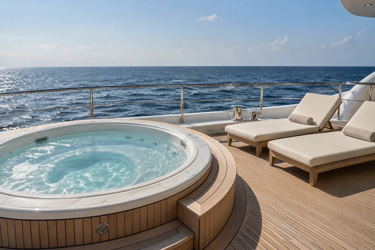 A yacht sun deck with a built-in hot tub and loungers
