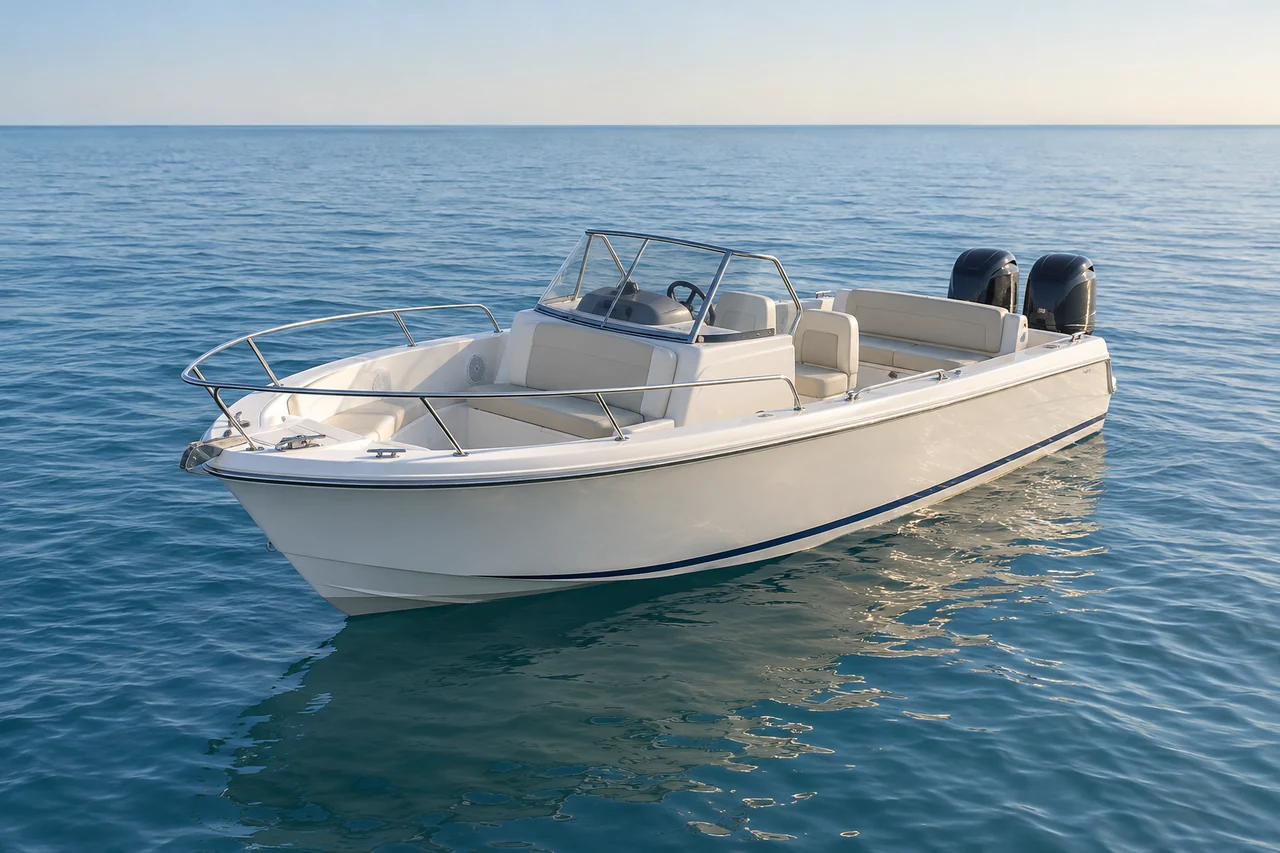 An open motor launch with comfortable seating on calm water
