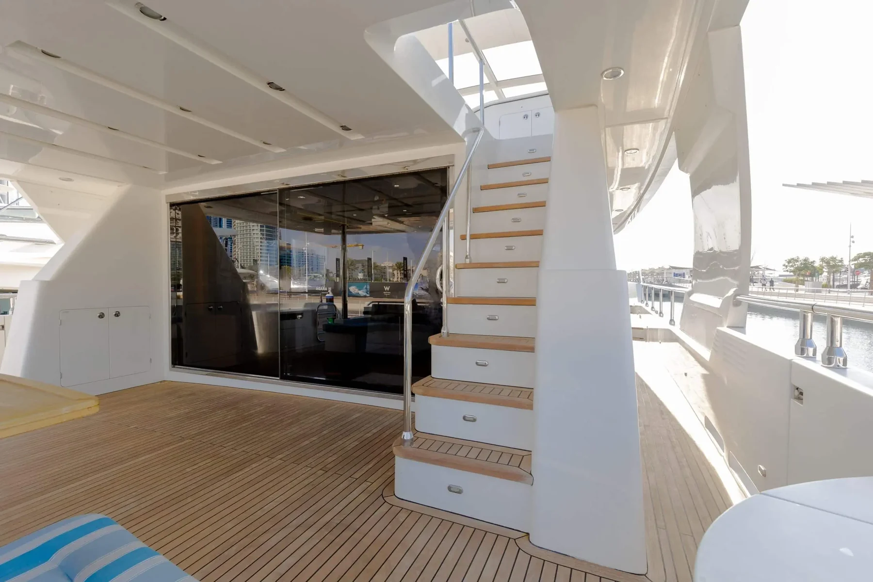 Cante 97 yacht interior staircase with modern design and white finish