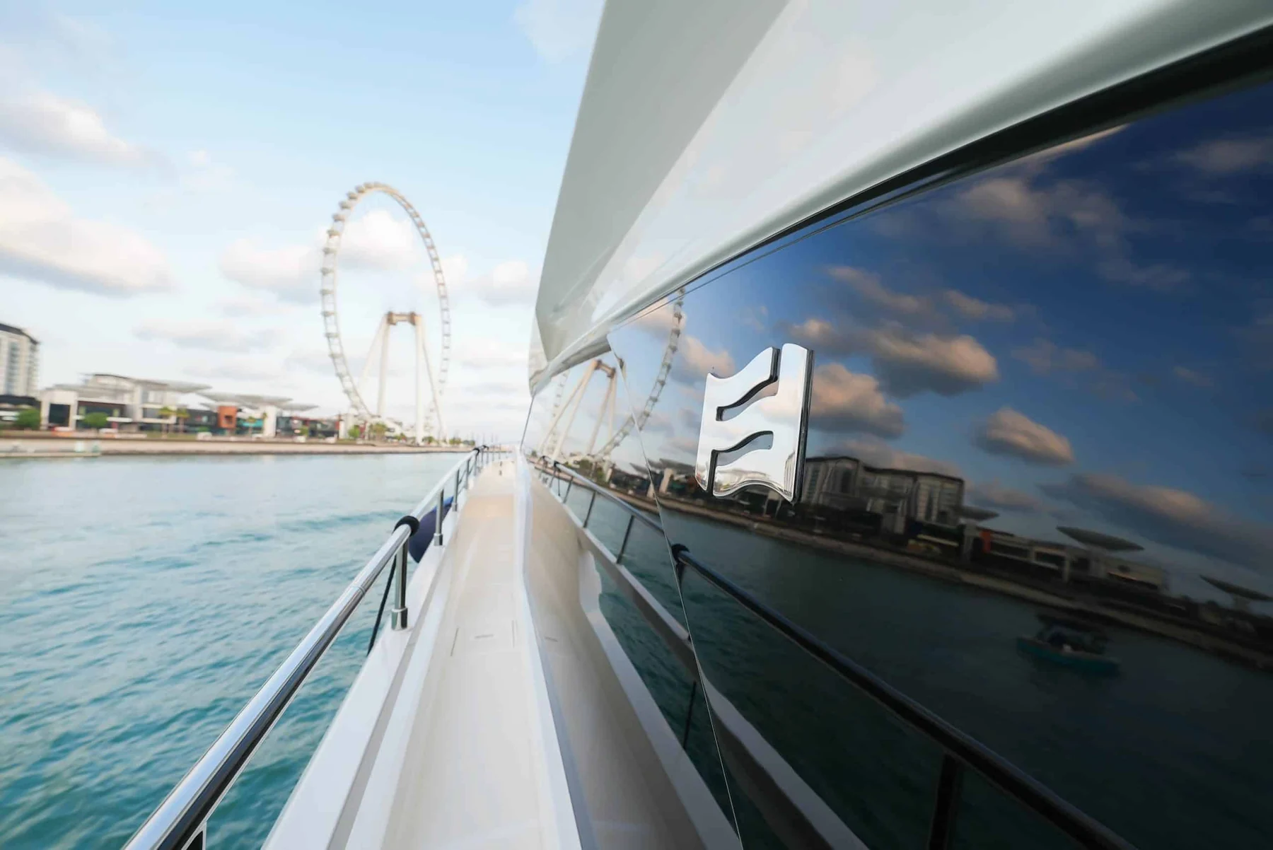 View from the Ferretti 670 deck toward Dubai city skyline
