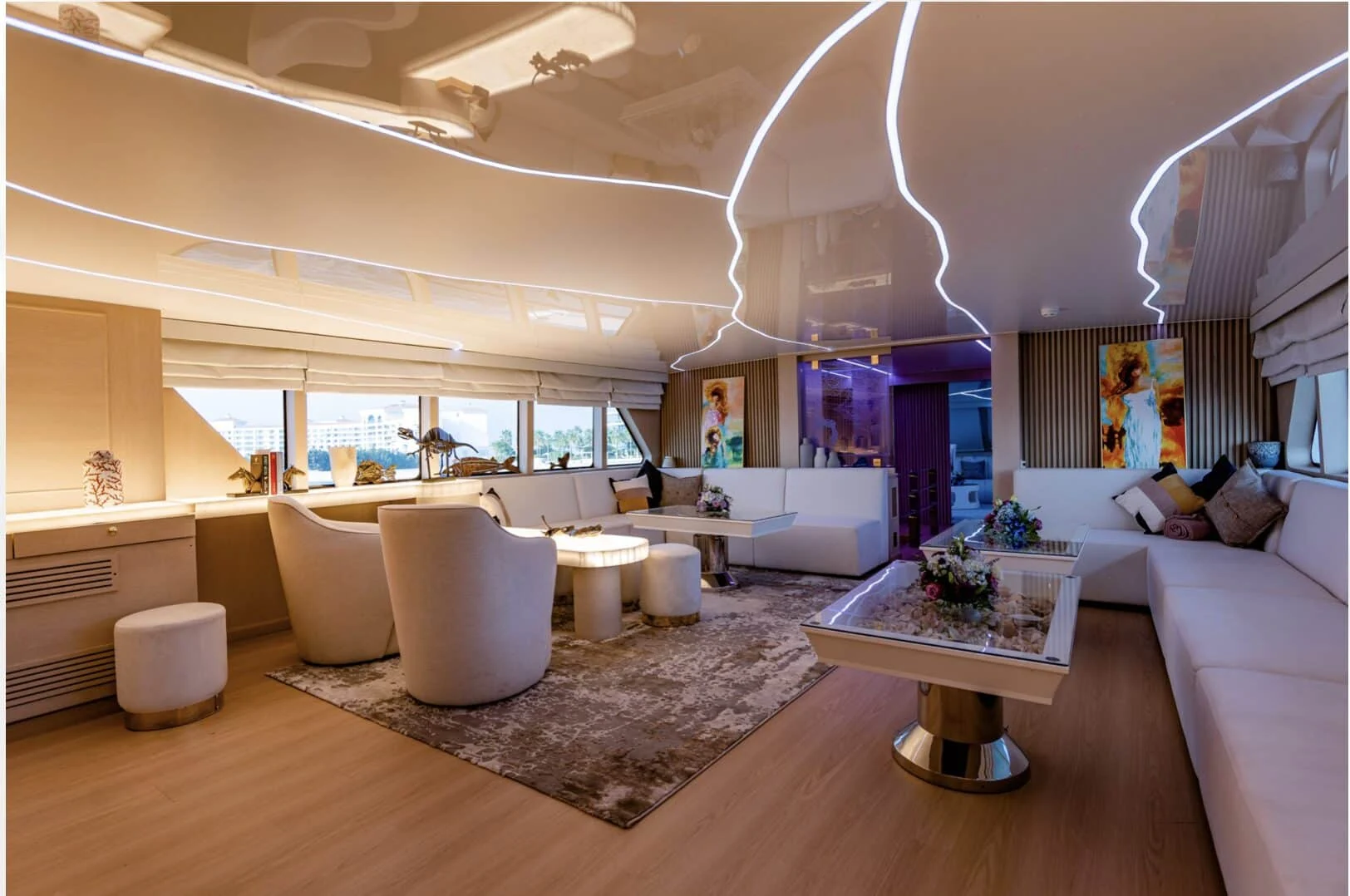 Luxury yacht interior lounge and dining area onboard Finesse yacht in Dubai