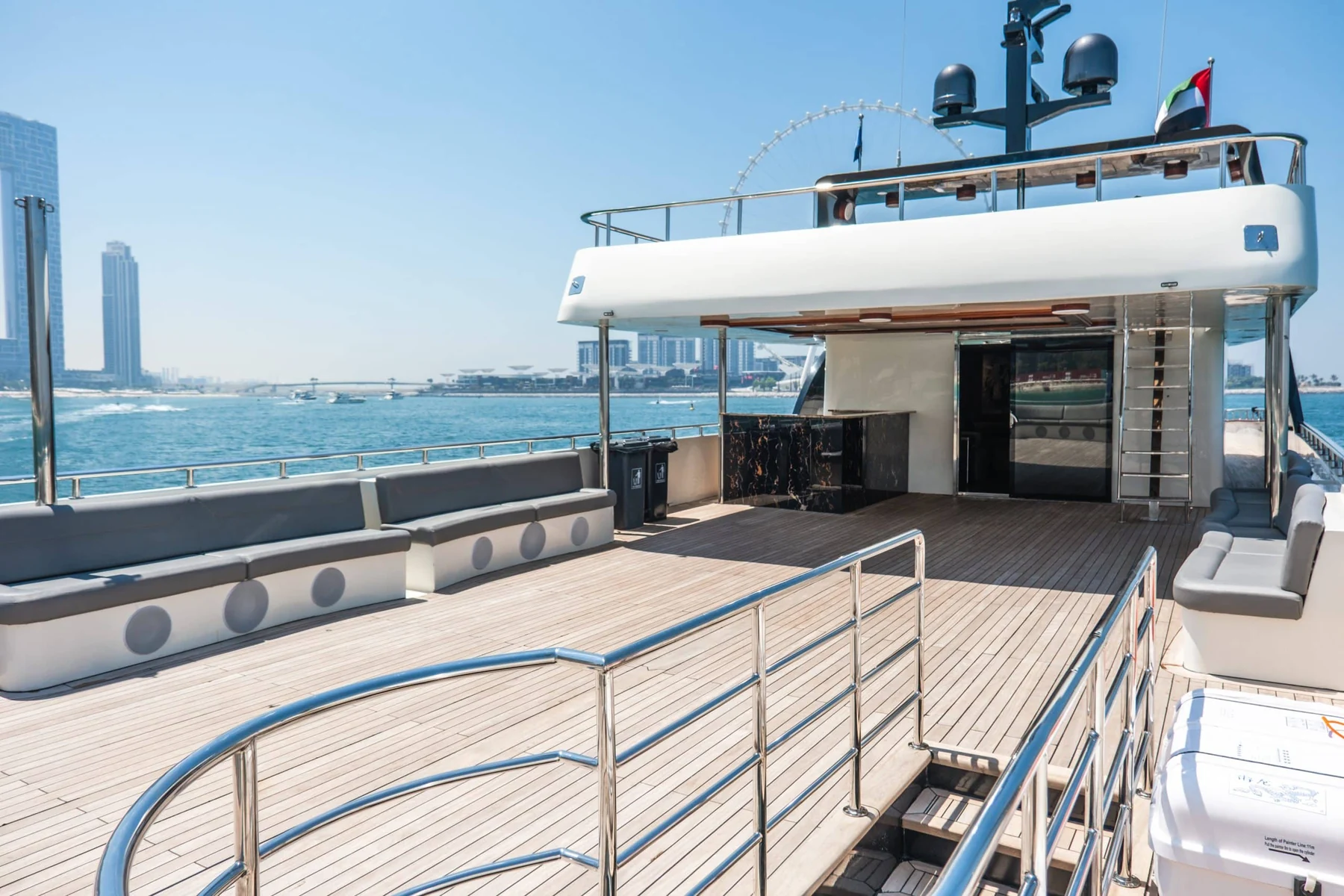 Upper deck exterior walkway on Sapphire 150 Yacht Dubai